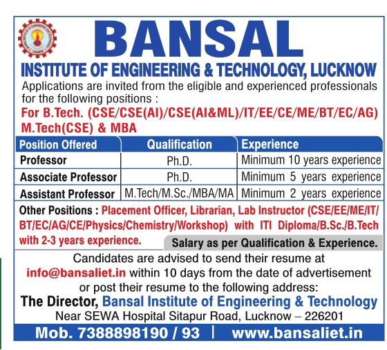 Bansal Institute Lucknow Teaching & Non-Teaching Job 2024